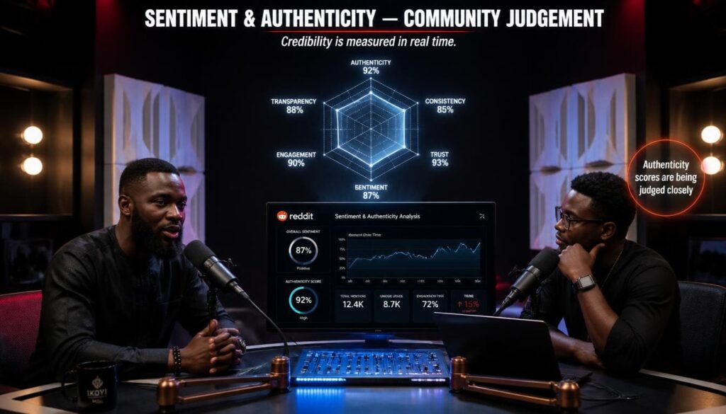 Visual radar chart tracking user sentiment, self promotion flags, and helpfulness scores on forums