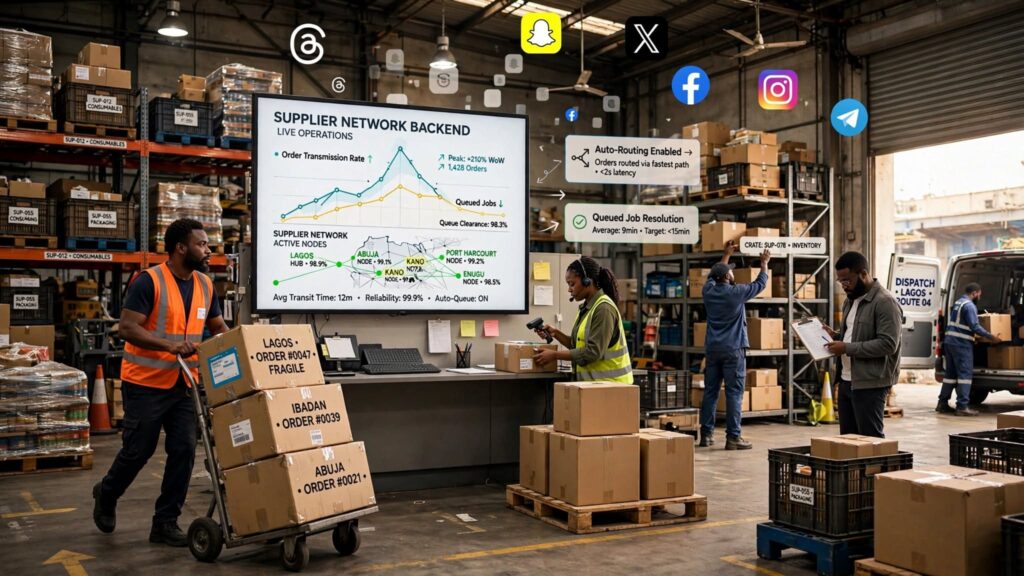 Line chart tracking real-time order queuing and automated processing across supplier networks.