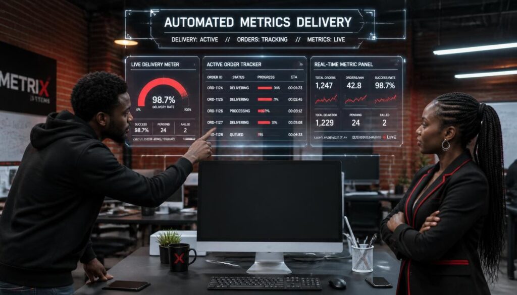 A digital workflow diagram showing fast social metrics delivery on modern screens.