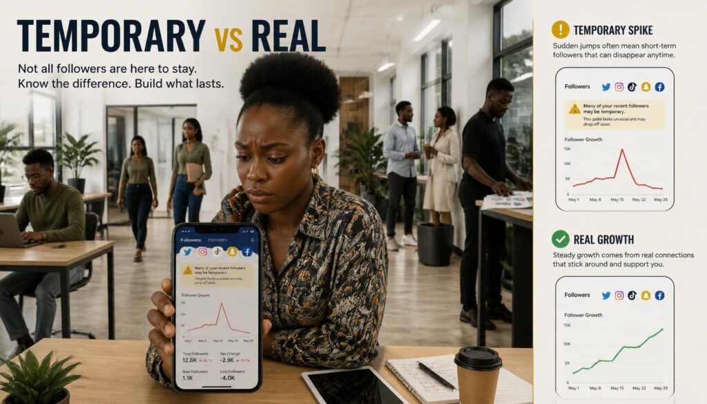 Skeptical Nigerian creator inspecting cheap follower drop alerts on a smartphone screen