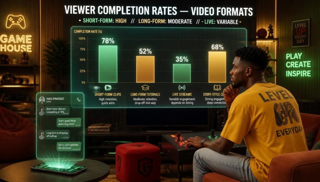 Bar chart comparing watch completion rates of narrative-driven videos versus standard clips
