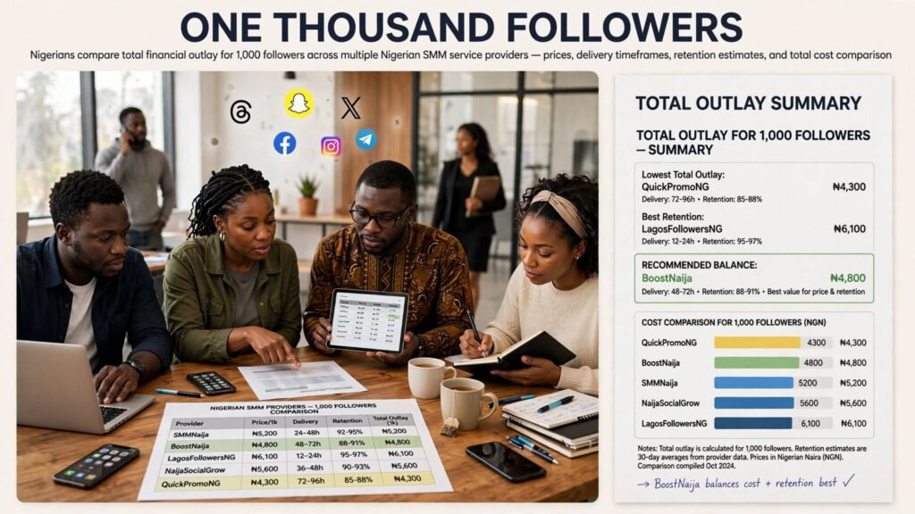 Bar charts comparing cost per thousand followers across different social media promotion platforms