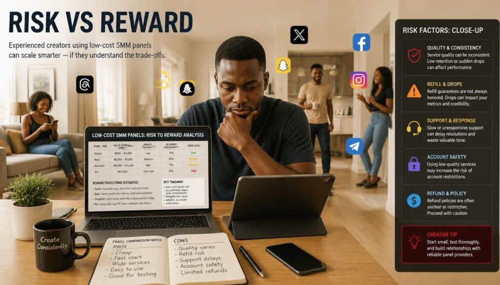 Bar charts comparing risk versus reward metrics for rock-bottom social media panels