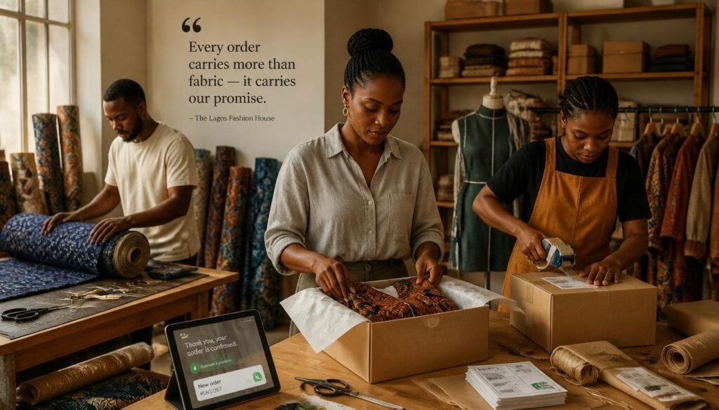 Behind-the-scenes view of a bustling fashion house sorting new stock and packaging orders.