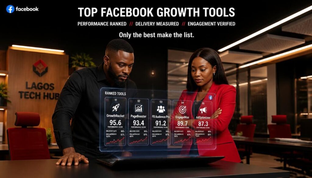 Enterprise strategist evaluating leading Facebook growth tools on a modern workspace display in Lagos.