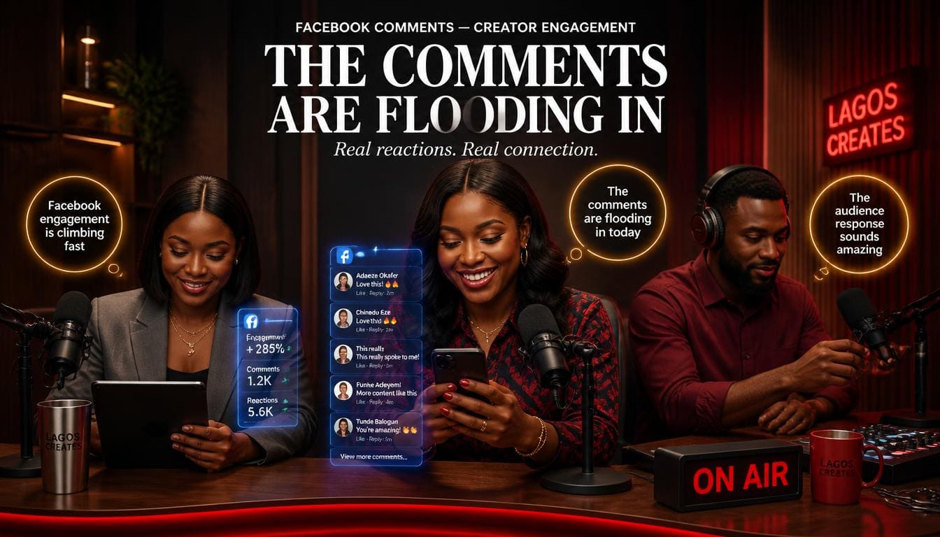 Professional Nigerian creator smiling while checking Facebook comments on a modern smartphone.
