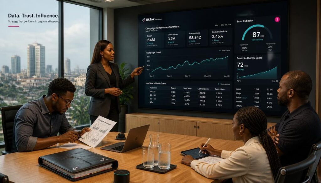 Business executives reviewing targeted growth reports and customer support metrics in a conference room.