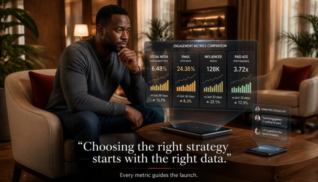 Nigerian business owner evaluating social engagement options inside a modern creative lounge in Lagos.