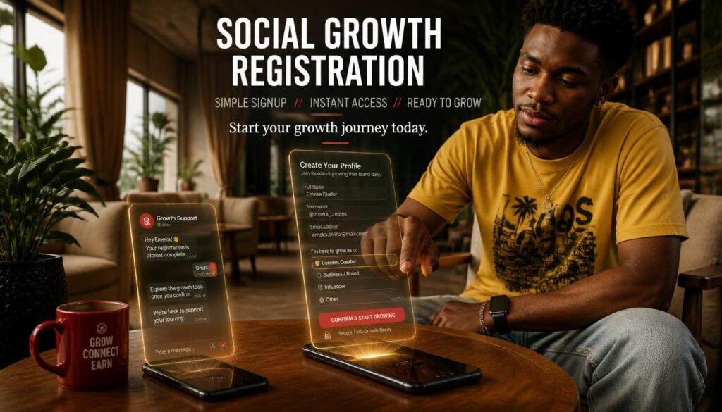 User interface screenshot showing the Sizzle Social registration and dashboard panel menu