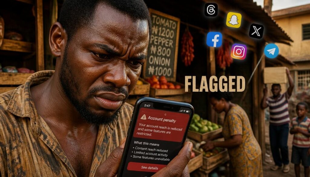 Close-up photo of a frustrated Nigerian entrepreneur reviewing unexpected account restriction alerts