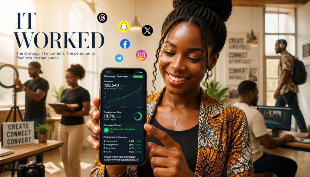 Close-up textphoto demonstrating joyful Nigerian creator successfully managing orders on Sizzle Social