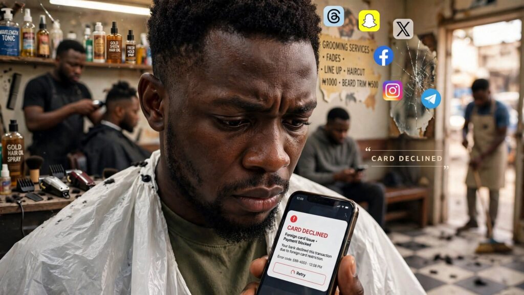 Close-up textphoto depicting frustration caused by foreign dollar card payment barriers for locals