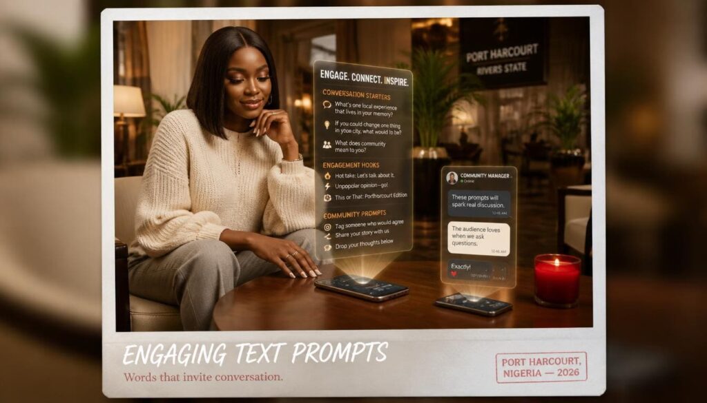 Close-up text photo showing natural open-ended questions designed to boost authentic community engagement.