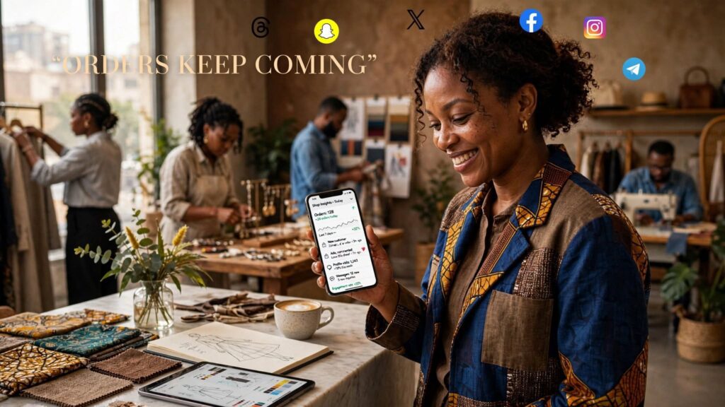 Close up of a small business owner smiling at online customer orders happily