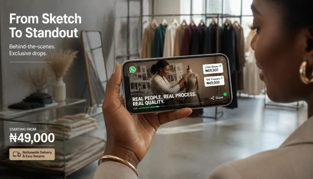 Close-up of an engaging business status update featuring behind-the-scenes clips and clear product pricing.
