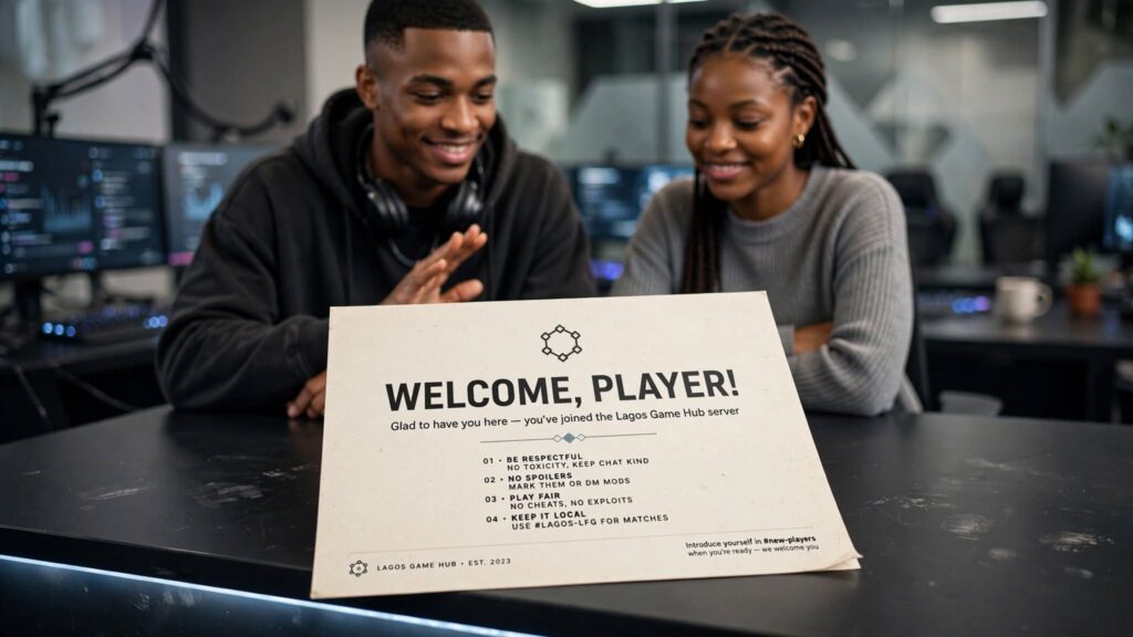 Close up shot of a friendly community welcome message displayed on a sleek mobile phone screen.