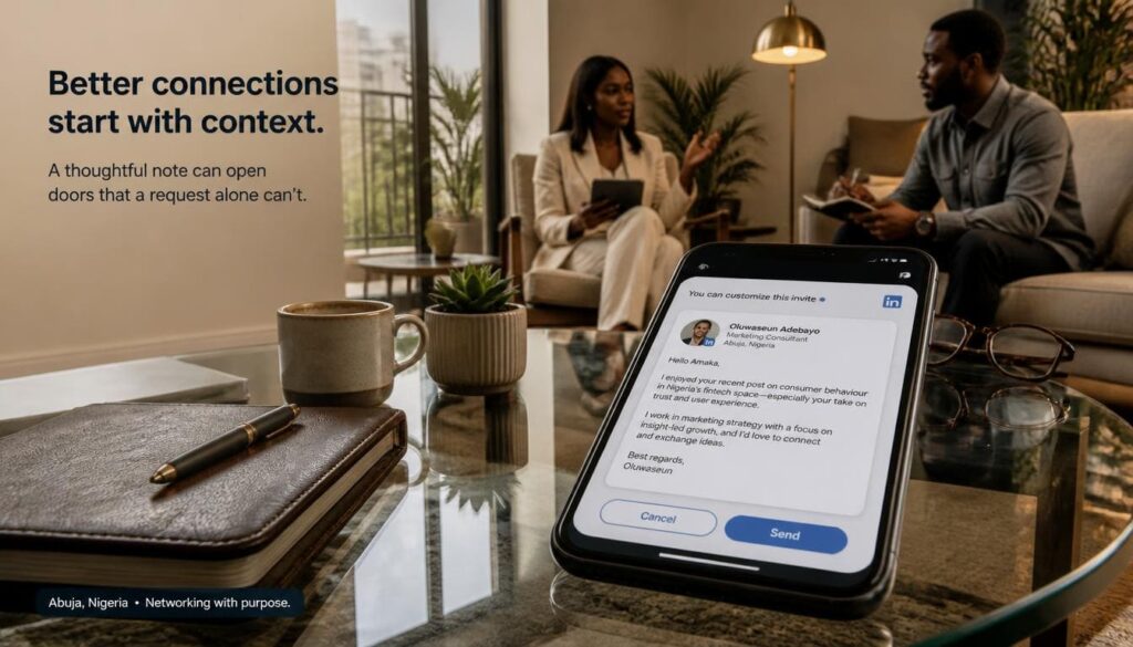 Close-up shot of a personalized connection request note referencing shared industry topics.