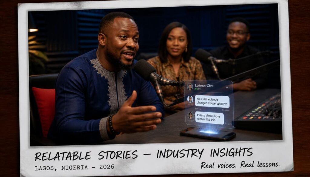 Detailed close-up of Nigerian content creator sharing relatable stories inside a soundproof studio
