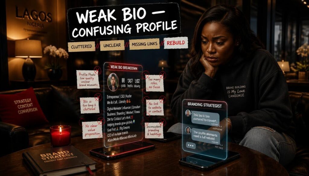 Close up text photo displaying a confusing bio and weak profile positioning limiting online discovery.