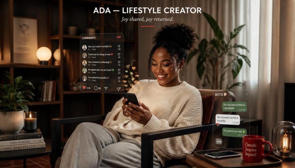 Close up shot of a Nigerian creator smiling while engaging with followers on smartphone
