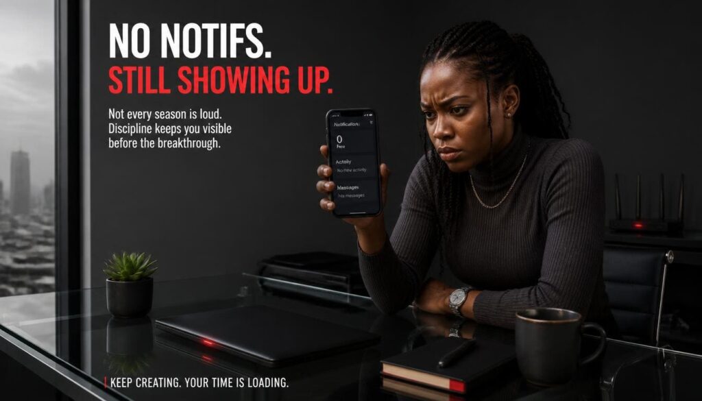 Close up view of a stressed Nigerian content creator staring at a quiet mobile phone