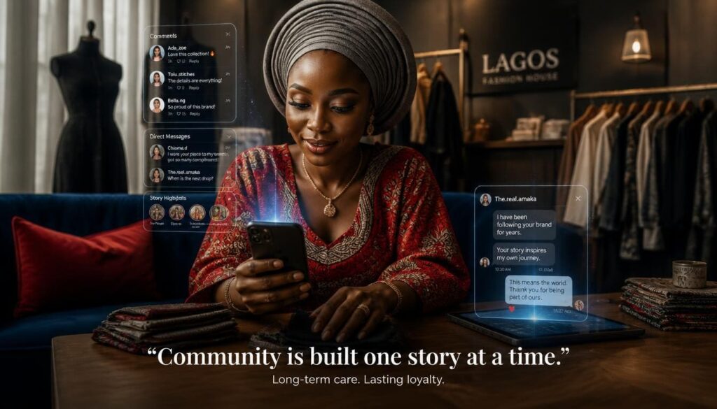 Focused close-up of fashion designer responding to customer comments on mobile phone