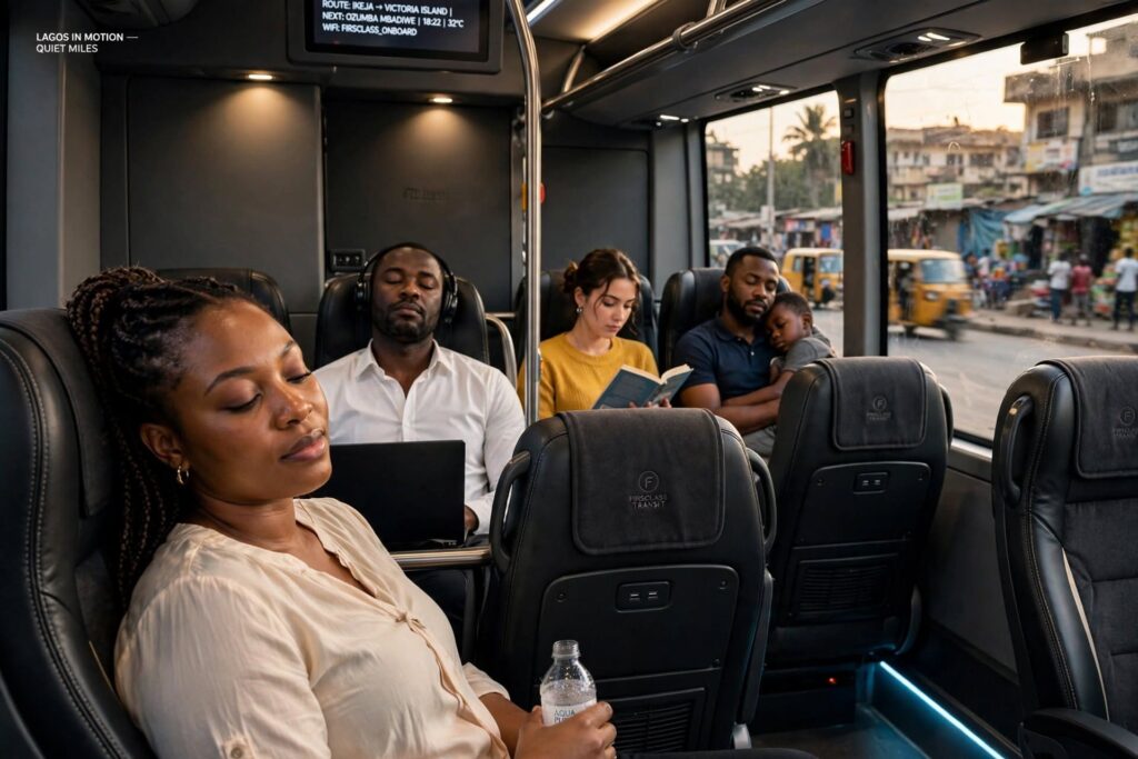 Relaxed passengers enjoying a smooth ride inside a modern air-conditioned luxury bus in Nigeria