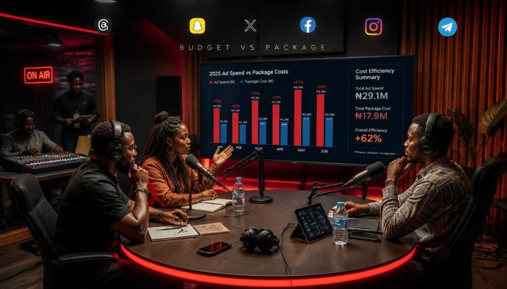 Bar charts comparing expensive ad budgets against affordable engagement package costs