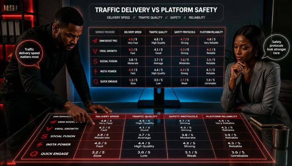 Side-by-side comparison chart showing features of different video promotion apps