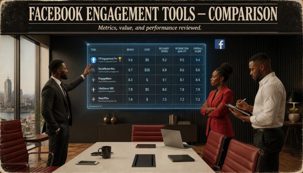 Digital marketing team analyzing software comparison charts on a large corporate screen in Lagos.