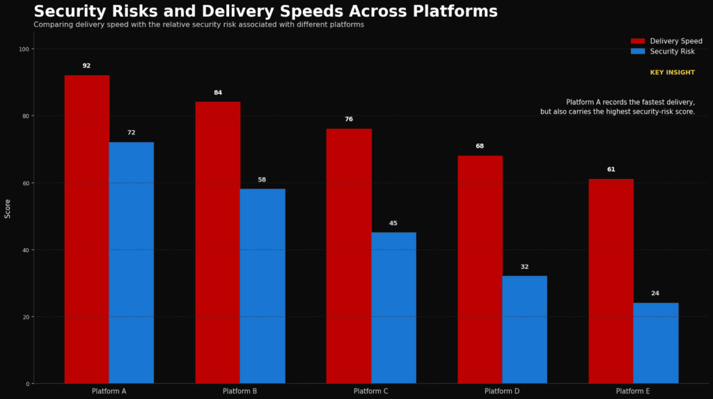 Bar chart highlighting security risks and delivery speeds of different platforms