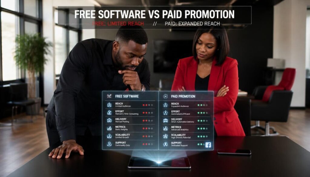 Entrepreneur analyzing a financial comparison table between free software and paid promotion tools in an office.