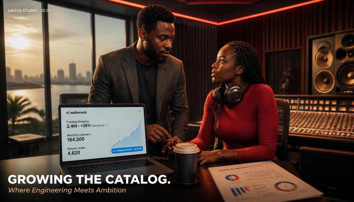 African record label executive reviewing music streaming analytics on laptop inside modern recording studio