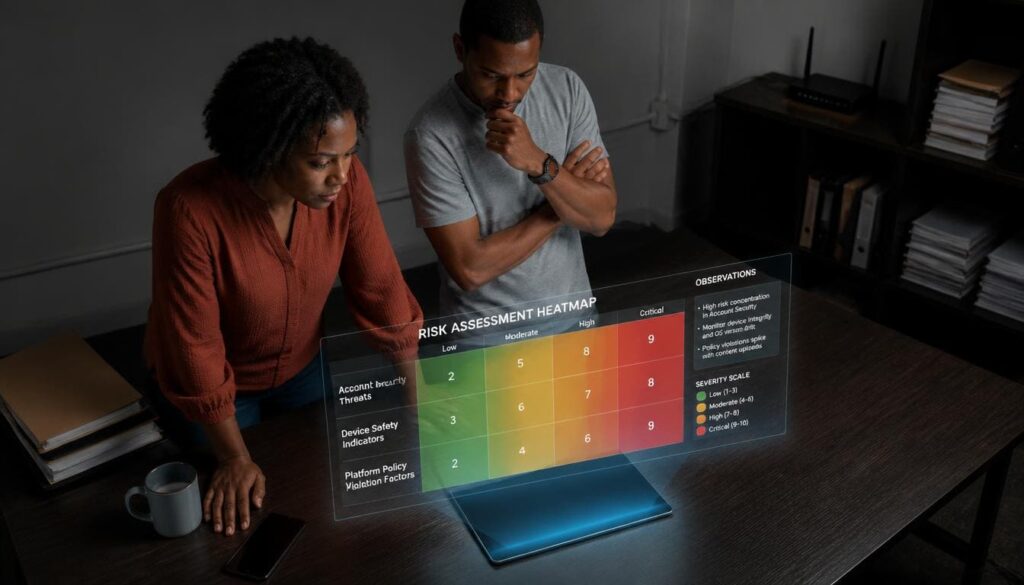 A colorful risk matrix heatmap showing safety scores across growth tools.