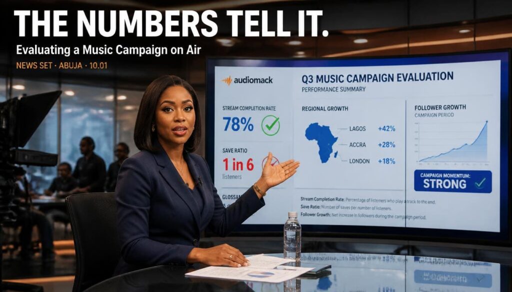 TV station newscaster explaining music streaming industry data trends on live television broadcast set