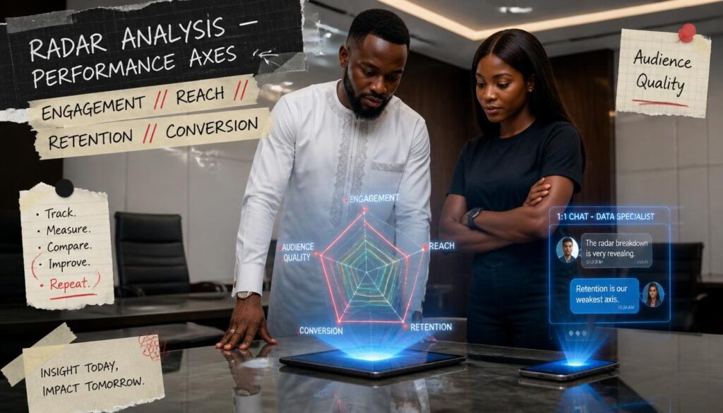 Analytical radar chart comparing performance metrics of leading social media growth platforms in Nigeria.