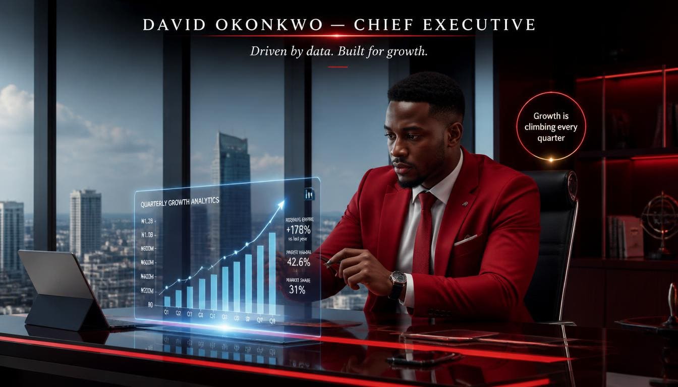 Visual illustration of a Nigerian executive analyzing digital analytics graphs to grow LinkedIn followers organically