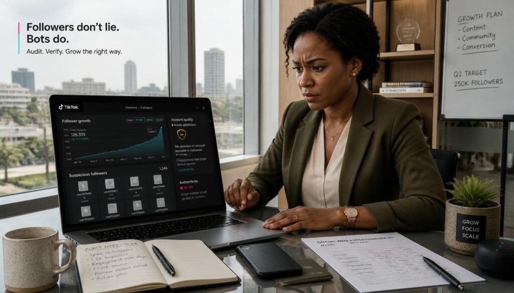 Concerned business owner reviewing suspicious follower spikes and inactive profiles on a sleek laptop.