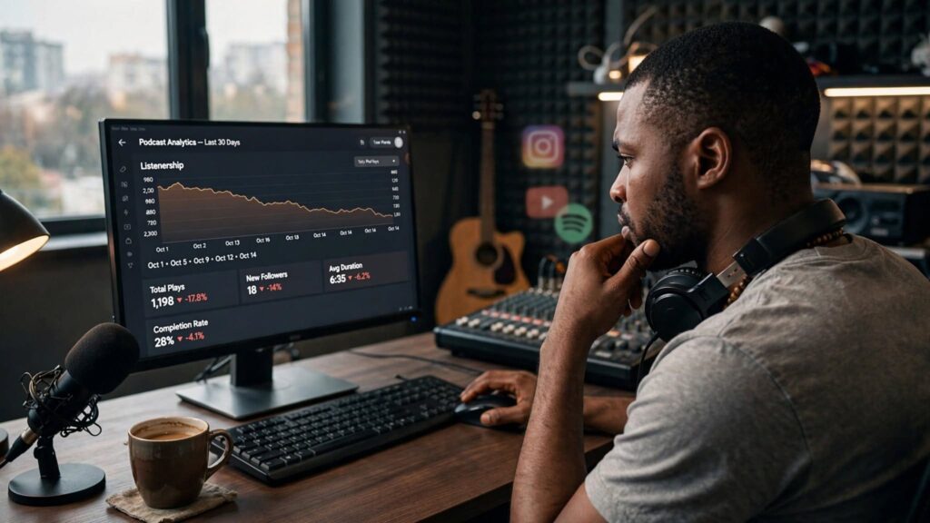 A frustrated Nigerian podcaster looking at low analytics on a bright digital studio screen