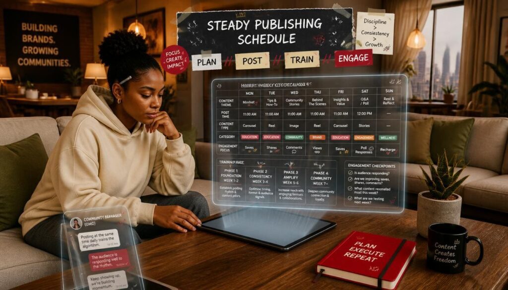 Content creator scheduling weekly publication calendars on a tablet inside a cozy coffee shop.