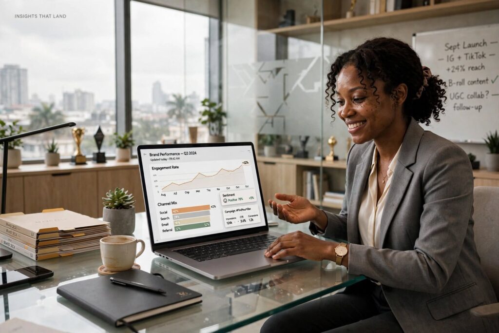 Confident corporate manager reviewing brand metrics on a laptop at a modern glass desk