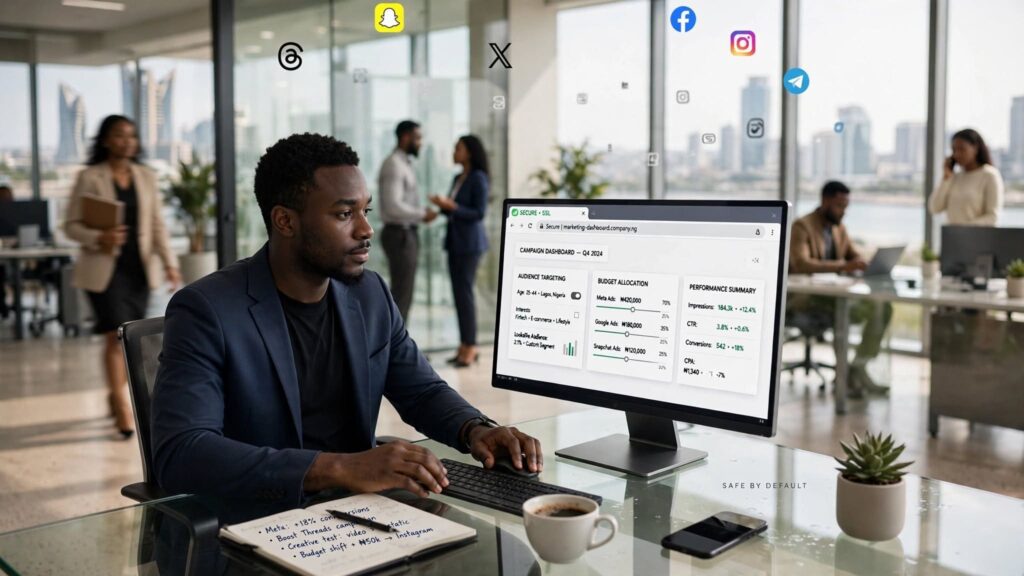 Corporate professional reviewing secure browser-based social media growth tools at a glass desk