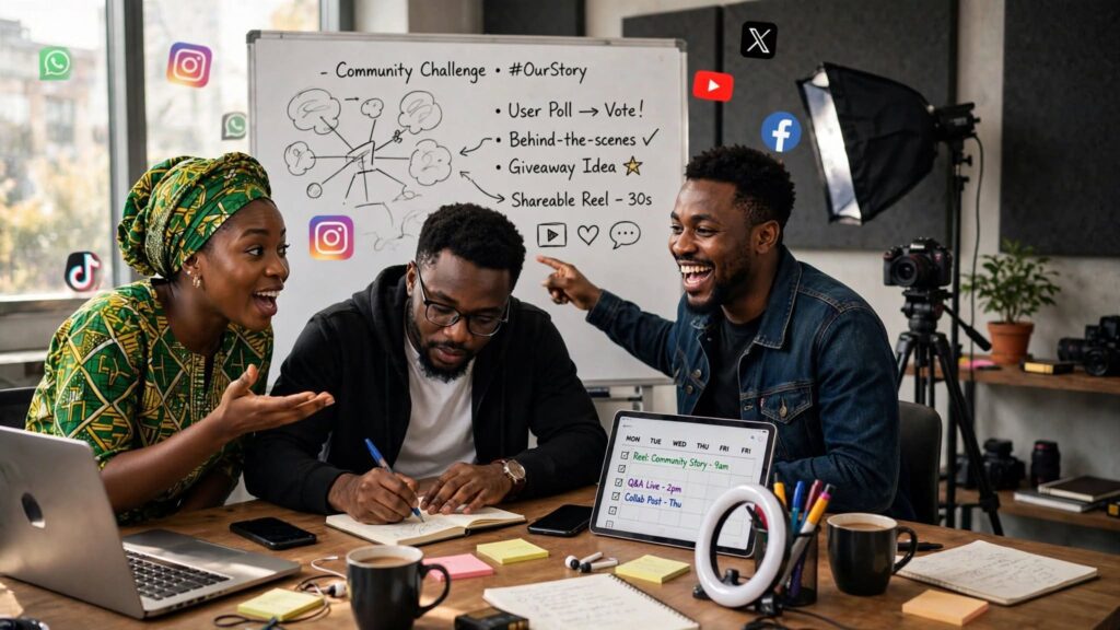 Enthusiastic Nigerian creators collaborating on shareable video ideas inside a creative media studio
