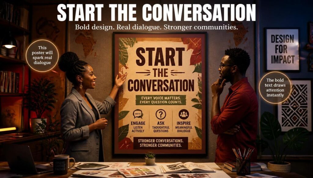 Vibrant digital flyer graphic designed to inspire creative community discussions on Facebook.