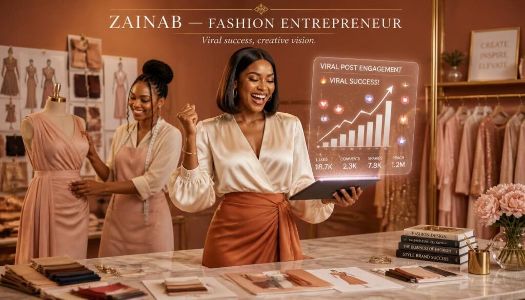 Fashion designer smiling with pure joy while reviewing interactive social post designs.