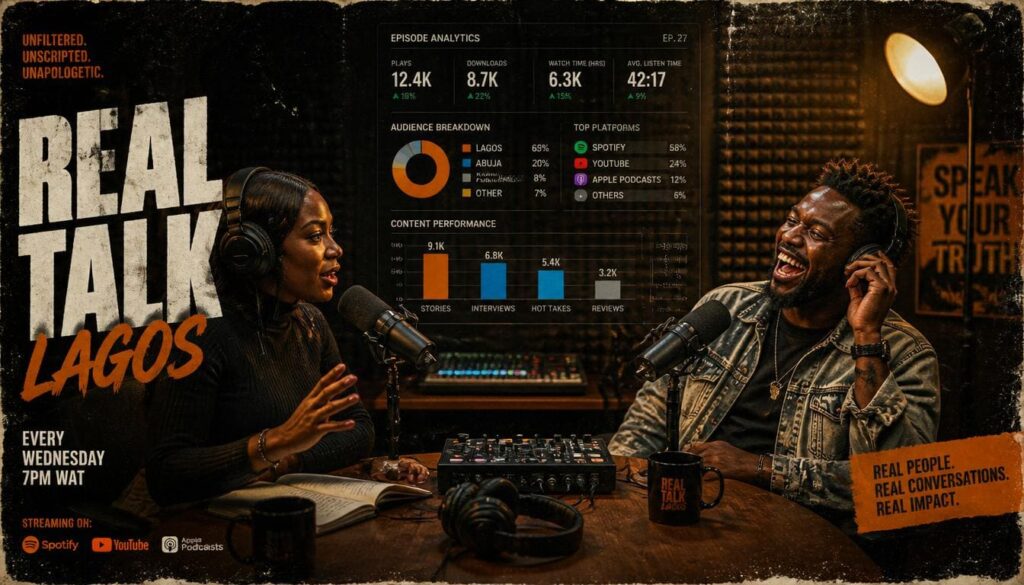 Two Nigerian podcast hosts engaging in a lively discussion inside a soundproof Lagos recording room