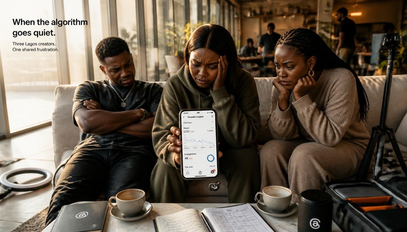 Stressed Nigerian creator looking at smartphone screen sitting by a modern Lagos office glass desk