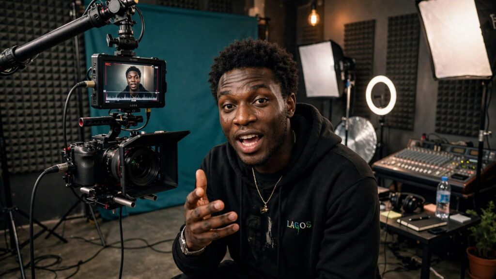 Creator recording high-quality video content inside a professional studio setup for social media.