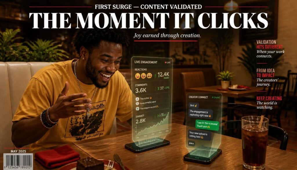 Nigerian creator reviewing initial social proof momentum metrics on a mobile phone during lunch.