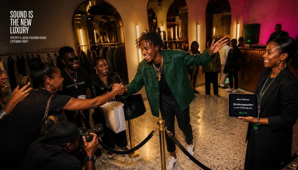 Happy artist posing with smiling fans during a vibrant meet-and-greet event at a fashion house.